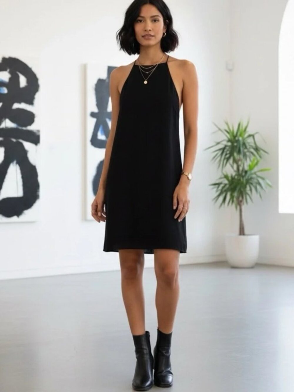 ** OAK + FORT Black Square High Neck Slip Dress Size S